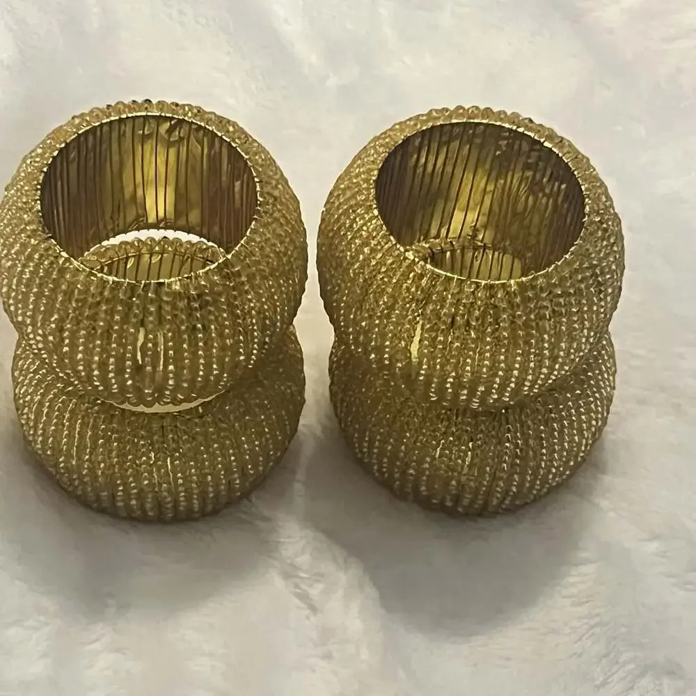 Pier one Gold Fabric Beaded Napkin Rings Set of 4 Dinner Party Set.